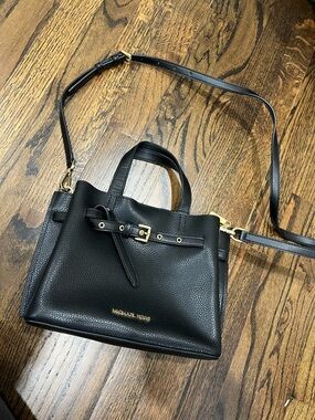 Michael Kors Black Pebbled Leather Crossbody Satchel with Gold Accents